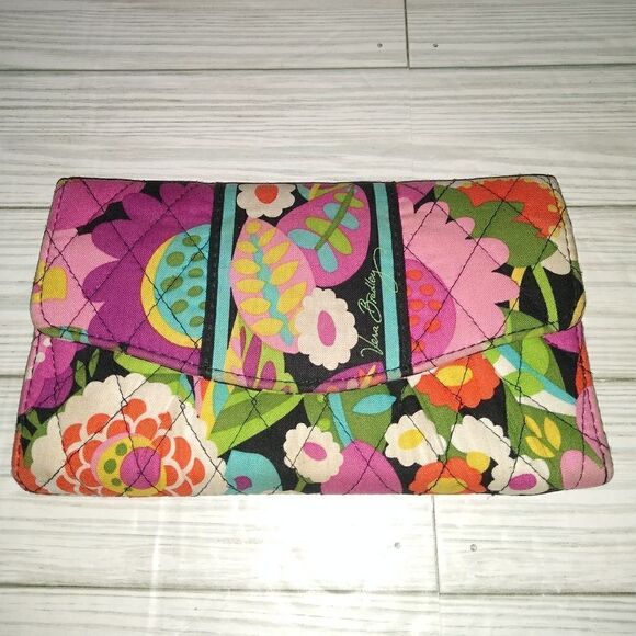 Vera Bradley Euro Wallet Tri-Fold Black with Colorful Flowers Retro Floral - Picture 2 of 9